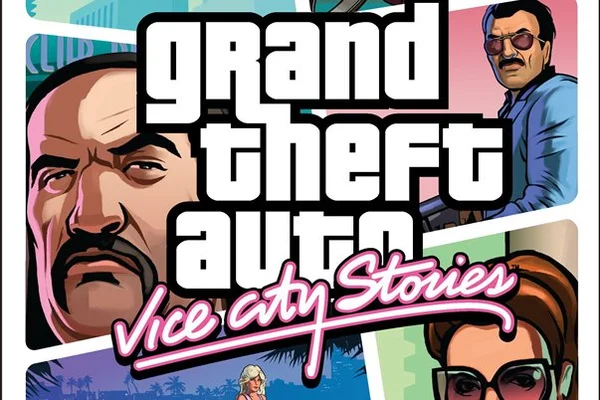 Visuel promotionnel composite de Grand Theft Auto: Vice City Stories avec des portraits stylisés de personnages et le logo du jeu