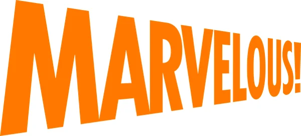 Logo de Marvelous Inc., entreprise de jeux vidéo, affiché en lettres majuscules orange inclinées sur fond blanc.