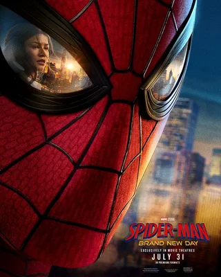 Affiche promotionnelle de Spider-Man : Brand New Day montrant un gros plan du masque de Spider-Man avec le reflet du personnage de Zendaya dans l'œil du masque.