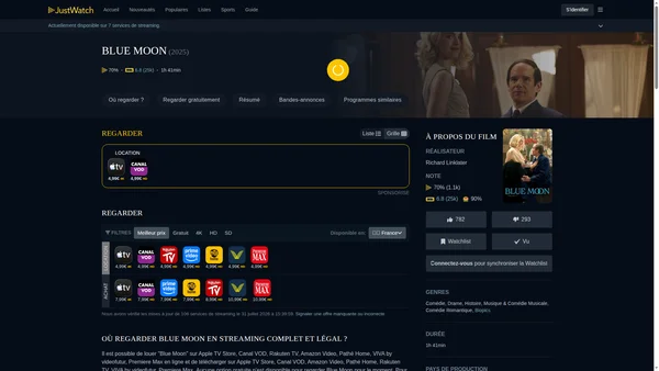 Page JustWatch France indiquant où regarder Blue Moon d'Ethan Hawke et Richard Linklater en streaming, location et achat