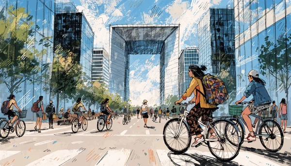 Visuel de couverture : La Défense vue comme un quartier de vie où étudiants et habitants se mêlent aux tours de bureaux.