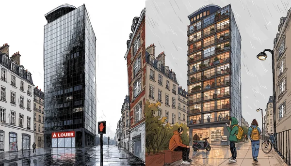 Illustration de soutien : la conversion de bureaux obsolètes en logements étudiants, avant/après.