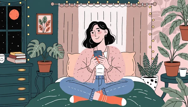 Couverture : jeune femme sereine avec son téléphone, ambiance cocon — illustre le choix réfléchi avant d'envoyer une photo intime