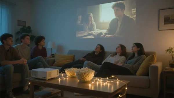 Illustration of a budget-friendly home movie-concert party among friends