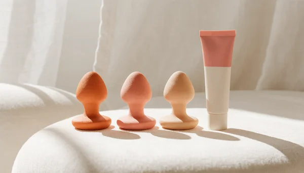 Clean modern product-style editorial illustration: three small rounded anal plugs with flared bases of increasing size arranged side by side on a soft surface, next to a tube of lubricant, warm matte tones, minimalist and tasteful, no explicit elements, no nudity.