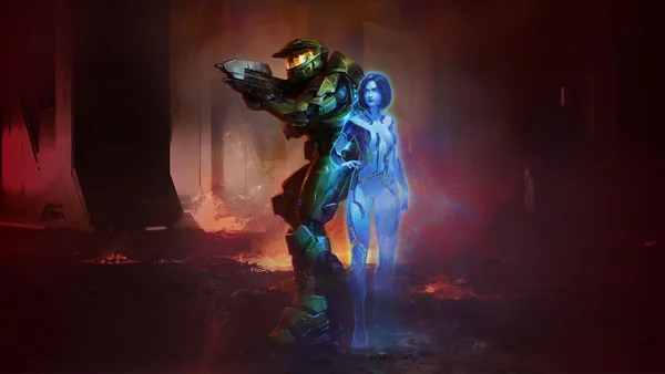 Master Chief en armure verte tenant une arme, accompagné de l'IA holographique Cortana dans un environnement sombre et enflammé, illustration de Halo: Campaign Evolved