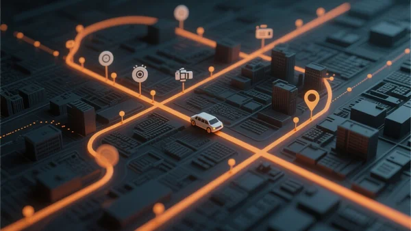 Carte stylisée de ville en vue de dessus sur fond sombre : des trajectoires lumineuses orange retracent les déplacements d'un véhicule, assemblées à partir de petites icônes de points de données (caméra, épingle GPS, capteur) reliées par de fins traits.