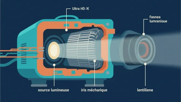 schéma du chemin optique d'un vidéoprojecteur avec iris mécanique à lamelles