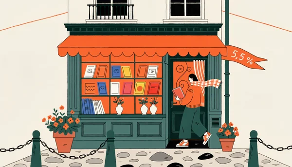 Couverture : une librairie de quartier cosy avec un discret clin d'œil au taux de TVA à 5,5 % — relie l'émotion (la librairie) au sujet (la fiscalité).