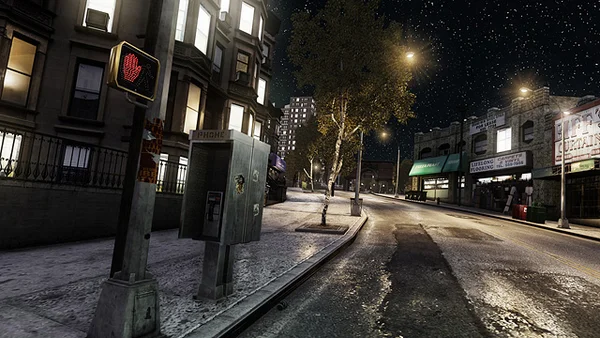 Capture d'écran de gameplay de Grand Theft Auto IV montrant une rue enneigée de Liberty City la nuit, avec une cabine téléphonique et un signal pour piétons.