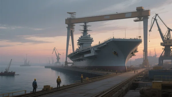 Vue d'ensemble d'un immense chantier naval au crépuscule : de grandes grues à portique surplombent la coque grise d'un navire de guerre en construction sur une cale, quelques silhouettes de travailleurs, une mer calme à l'arrière-plan.