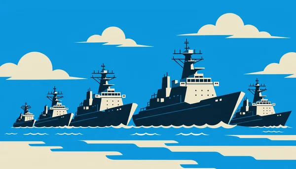 Illustration stylisée d'une flotte de navires de guerre (frégates et destroyers) naviguant en formation sur une mer calme sous un ciel bleu, dans un style épuré d'infographie éditoriale.