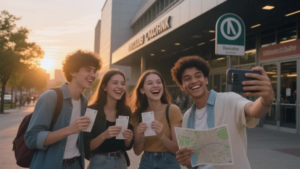 Un groupe de quatre jeunes amis devant une salle de concert moderne, billets à la main, riant ensemble au coucher du soleil, ambiance conviviale et décontractée.
