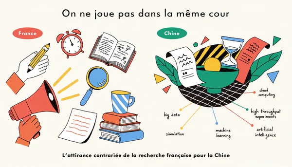 Illustration éditoriale sur L’attirance contrariée de la recherche française pour la Chine : « On ne joue pas dans la même cour »