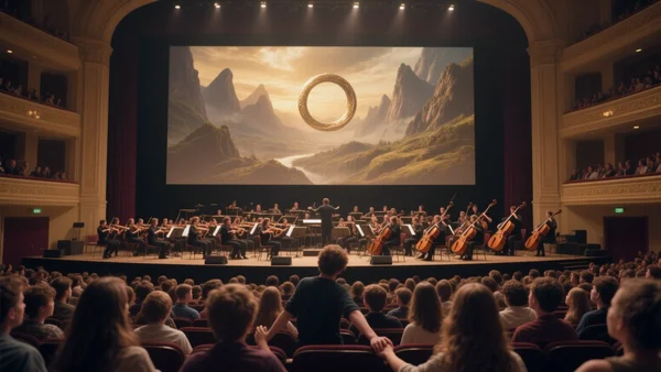 Une salle de concert avec orchestre symphonique jouant en direct devant un écran géant projetant une scène épique du Seigneur des Anneaux, public jeune captivé, ambiance chaleureuse et immersive.