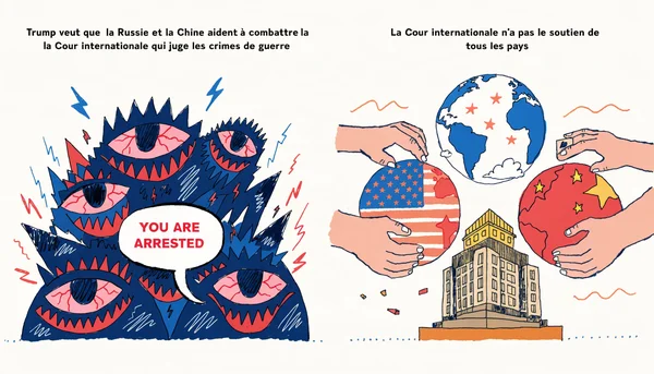 Illustration éditoriale sur Trump veut que la Russie et la Chine aident à combattre la Cour internationale qui juge les crimes de guerre