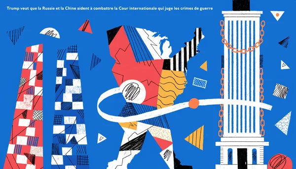 Illustration éditoriale sur Trump veut que la Russie et la Chine aident à combattre la Cour internationale qui juge les crimes de guerre