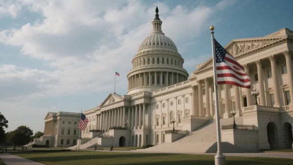 Façade du Capitole des États-Unis à Washington sous un ciel partiellement nuageux, drapeaux américains au premier plan.