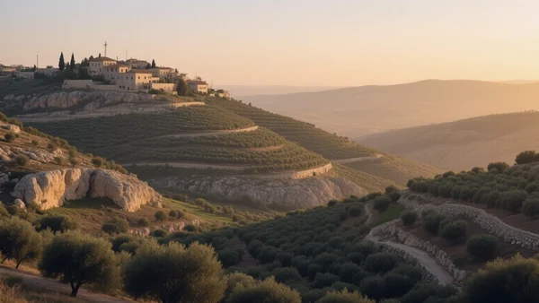 Paysage des collines de Cisjordanie avec oliveraies en terrasses et un village de pierre au loin, éclairé par la lumière dorée de fin d'après-midi.