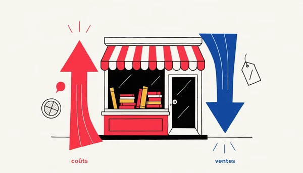 Visuel d'appui : l'effet ciseau qui écrase les librairies (coûts qui montent, ventes qui baissent) — illustre la mécanique économique expliquée dans l'article.