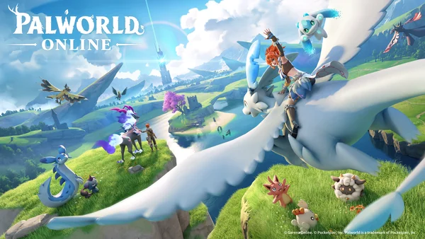 Affiche promotionnelle de Palworld Online sur mobile, montrant un personnage chevauchant une grande créature ailée blanche au-dessus d'un paysage fantastique coloré, avec le logo du jeu en haut à gauche.