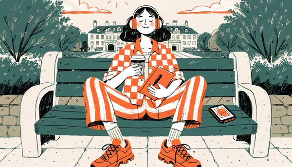 Une étudiante souriante assise sur un banc ensoleillé de campus, un café dans une main, un carnet dans l'autre, un casque autour du cou et un téléphone posé à côté d'elle affichant un billet de concert stylisé.