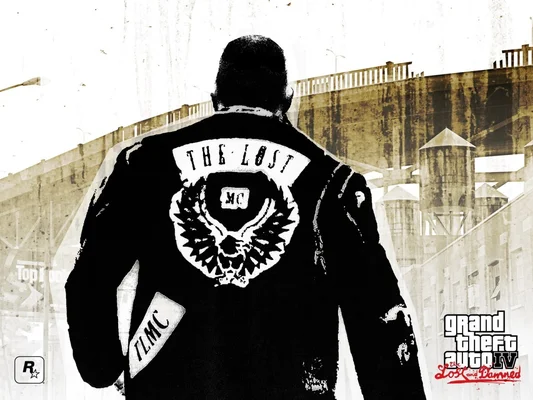 Affiche promotionnelle de Grand Theft Auto IV: The Lost and Damned avec une illustration stylisée d'un motard vu de dos, arborant le logo du Lost MC sur sa veste.