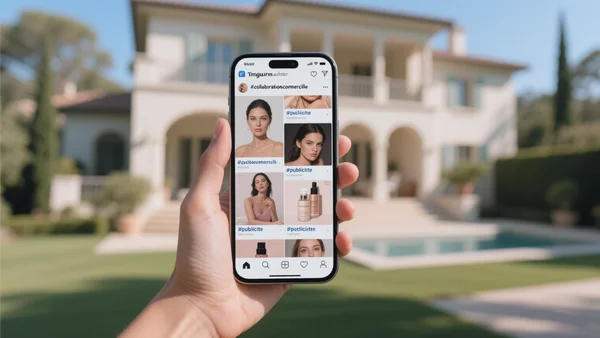 Une main tenant un smartphone affichant un fil de réseaux sociaux avec des mentions « collaboration commerciale » et « publicité » sur des photos de produits de beauté, villa de luxe floue en arrière-plan, lumière du jour vive.