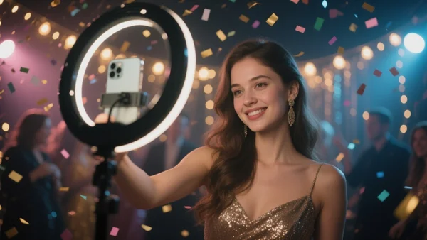 Une jeune femme se filmant avec un smartphone fixé sur une lampe annulaire devant un décor de fête avec des guirlandes lumineuses et des confettis, en tenue de soirée glamour.