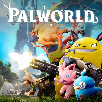 Artwork promotionnel de Palworld montrant diverses créatures fantastiques et un personnage armé d'un minigun dans un environnement verdoyant, avec le logo du jeu en superposition.