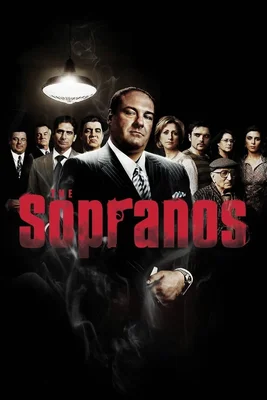 Affiche promotionnelle de la série Les Soprano montrant le casting principal, avec un personnage central tenant un cigare sous une suspension, titre en lettres rouges