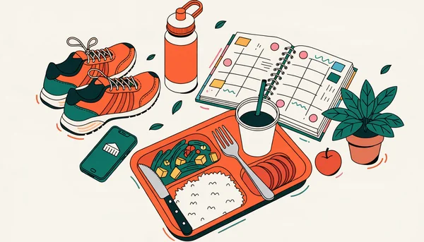 Vue de dessus d'un kit de survie étudiant sur un bureau : plateau-repas équilibré, agenda organisé avec des repères colorés, chaussures de sport, gourde, téléphone avec icône de musée, fruit et plante verte.