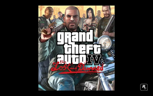 Image promotionnelle officielle de Grand Theft Auto IV: The Lost and Damned représentant un groupe de motards sur leurs motos avec le logo du jeu au centre.