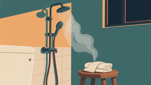 Rituel du coucher : une douche chaude et vaporeuse, serviette pliée à portée de main, pour inviter le corps à ralentir avant le sommeil.