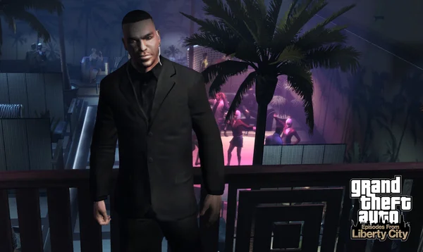 Capture d'écran de gameplay de Grand Theft Auto: Episodes From Liberty City montrant Luis Lopez sur un balcon surplombant une scène de boîte de nuit avec des palmiers et des danseurs en arrière-plan.