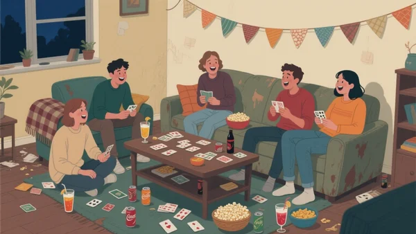 Soirée sitcom à petit budget entre amis : quatre jeunes jouent à un jeu de cartes inspiré du True American dans un salon cosy, avec sodas, popcorn, plaid et guirlande de fanions faite main.