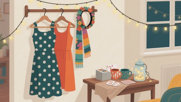 Coin déco DIY façon soirée série : portant avec robe à pois rétro et serre-tête fleuri, table basse avec tasses colorées, cartes de jeu vierges et guirlandes lumineuses — une ambiance loft sans dépenser.