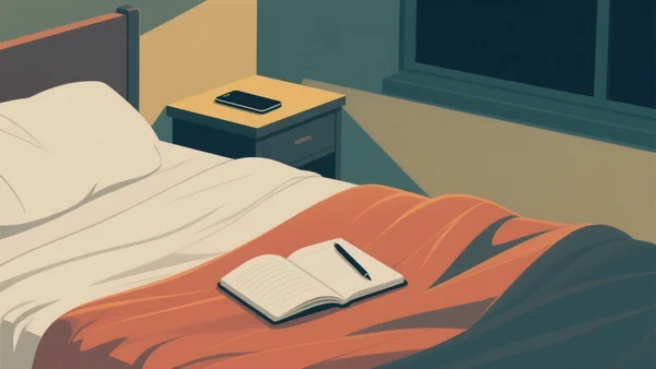 Chambre calme en fin de journée : le téléphone est posé loin du lit, sur le bureau, tandis qu’un carnet et un stylo attendent sur la couette pour noter les pensées du soir.