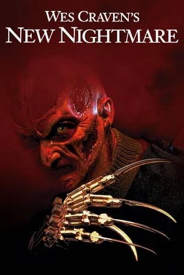 Affiche promotionnelle du film Wes Craven's New Nightmare représentant Freddy Krueger avec son gant à griffes sur fond rouge.