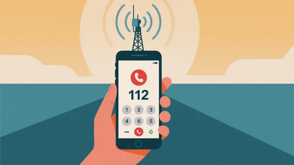 Représentation éditoriale d’un smartphone affichant une interface d’appel d’urgence avec le 112, un mât de téléphonie et des ondes signalétiques à l’arrière-plan, illustrant l’acheminement d’un appel de secours via la 4G.