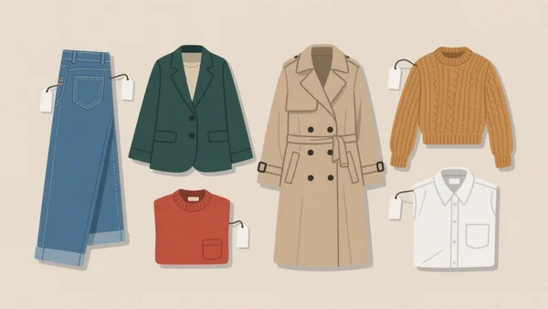 Cinq pièces intemporelles de seconde main disposées à plat — jean, blazer, trench, pull en maille et chemise blanche — accompagnées d'étiquettes vierges, façon garde-robe à petit budget.