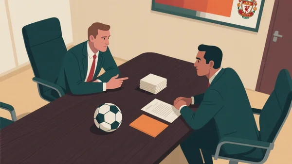 Deux dirigeants de clubs négocient face à face autour d'une table, surmontée de trois panneaux translucides représentant les étapes successives d'un transfert de FC 27 : une pièce, un contrat et une poignée de main.