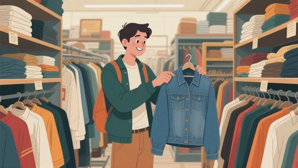 Une jeune personne tient un jean vintage devant un portant de friperie bien rempli, dans une ambiance chaleureuse qui évoque la chasse aux bonnes affaires.