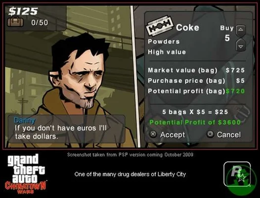 Capture d'écran de gameplay de Grand Theft Auto: Chinatown Wars (2009) montrant l'interface de trafic de drogue où le joueur interagit avec un personnage nommé Danny pour acheter de la cocaïne, avec des prix et gains potentiels affichés.
