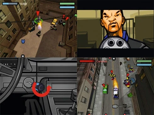 Collage de quatre captures d'écran de gameplay de Grand Theft Auto: Chinatown Wars (2009) montrant une conduite en vue de dessus, des gros plans de personnages et des éléments d'interface utilisateur.