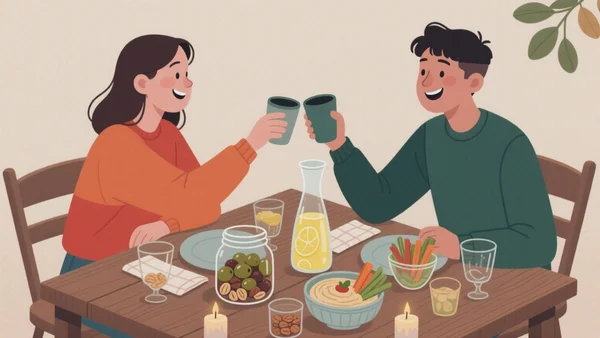 Deux amis trinquent lors d'un apéro festif sans plastique : bocaux en verre remplis d'olives et de noix, verres réutilisables, carafe de citronnade maison, dips de légumes et serviettes en tissu sur une table en bois.