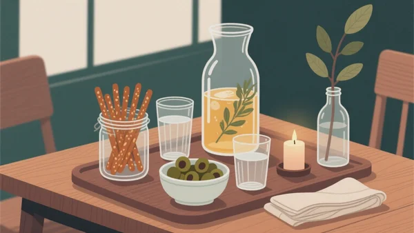 Plan rapproché d'un coin apéro zéro déchet : des bocaux en verre détournés en verres et coupelles, une grande carafe d'infusion glacée maison, des serviettes en tissu, une petite bougie et une branche verte en guise de déco.