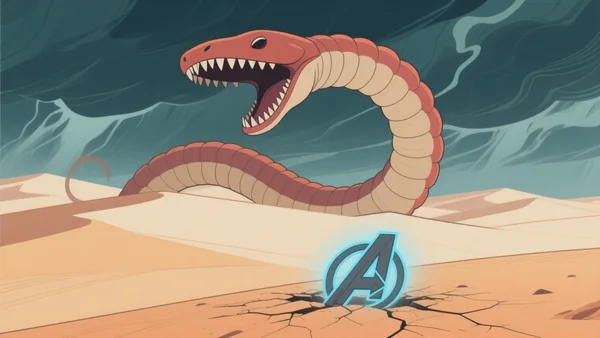 Un ver des sables géant se dresse face au symbole d'Avengers brisé dans le désert, illustrant le choc Dunesday.