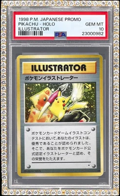 Carte Pokémon Pikachu Illustrator japonaise de 1998, encapsulée et notée PSA Gem MT 10, montrant Pikachu tenant un pinceau, présentée sur un fond décoratif