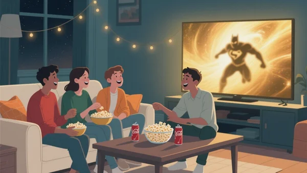 Quatre amis réunis sur un canapé pour une soirée marathon de super-héros à la maison, popcorn et sodas à portée de main devant un grand écran lumineux.